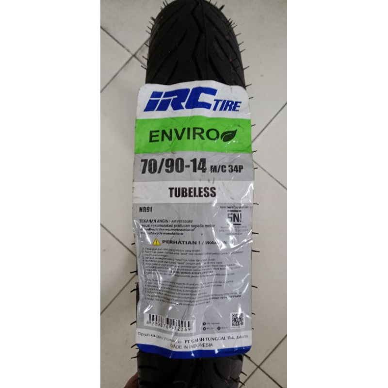 BAN IRC 100% ORIGINAL,TUBELESS,UKURAN 70/90-14 ENVIRO,UNTUK MIO MUKA ,DLL + PENTIL TUBELESS