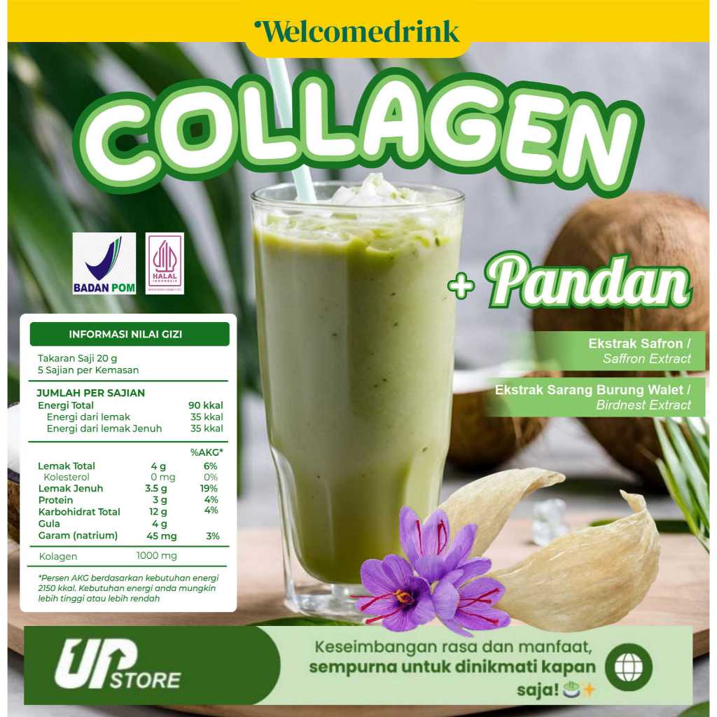 

WELCOMEDRINK - Minuman Serbuk COLLAGEN Rasa Pandan dengan SAFRON dan SARANG BURUNG WALET