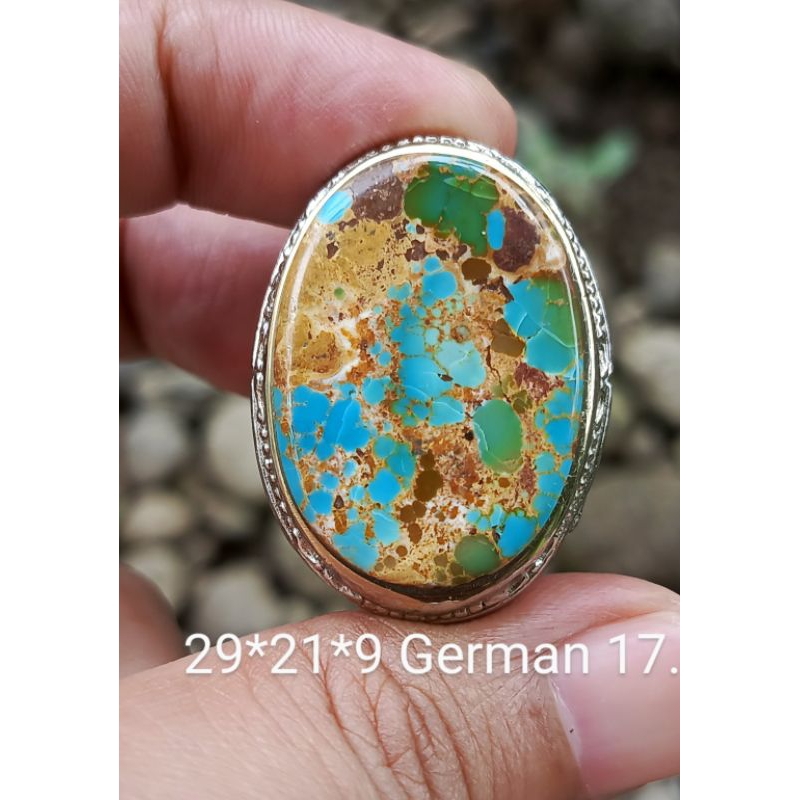 Natural Cincin Pirus Persia Lawasan Gradasi Biru Hijau Serat Emas Unik Antik