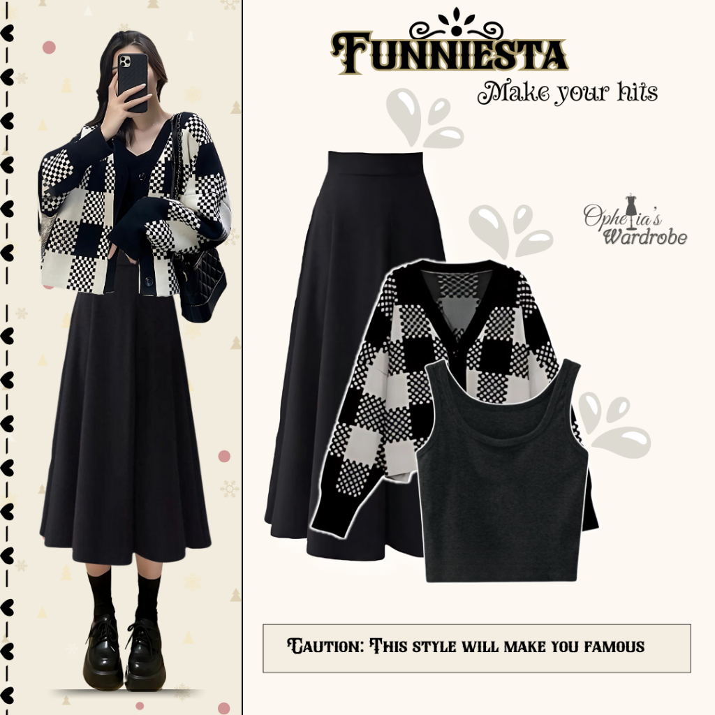 Douyin Outfit Setelan Wanita Terbaru - Cardigan Kotak Kotak Hitam + Rok Scuba Premium |RD062|