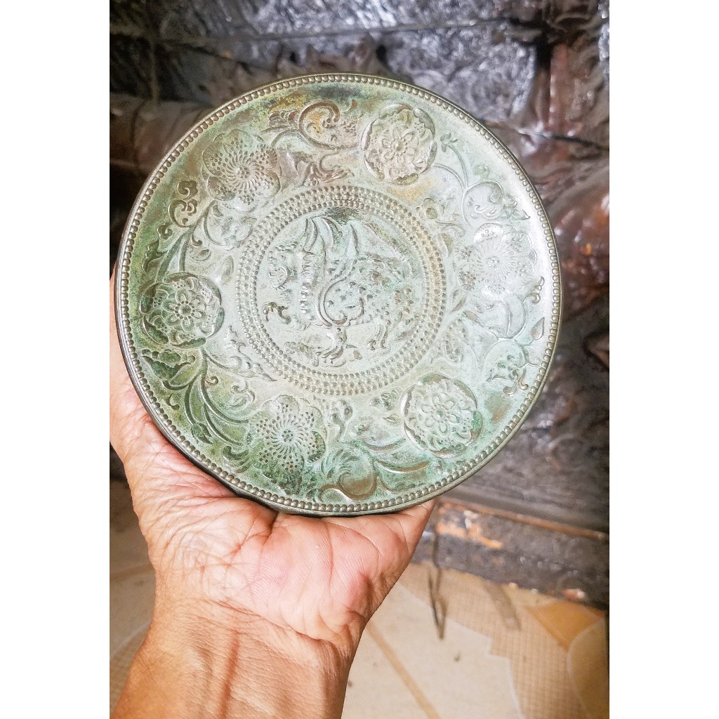 Piring kecil bulat perunggu Antik kuno marking China dynasty Feng Shui diukir indah Kilin ornamen ti