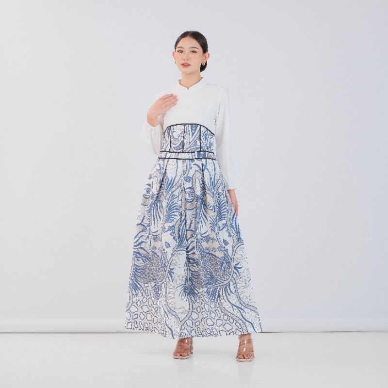 Haruka White Dress - Dress batik / Longdress batik modern kombinasi premium