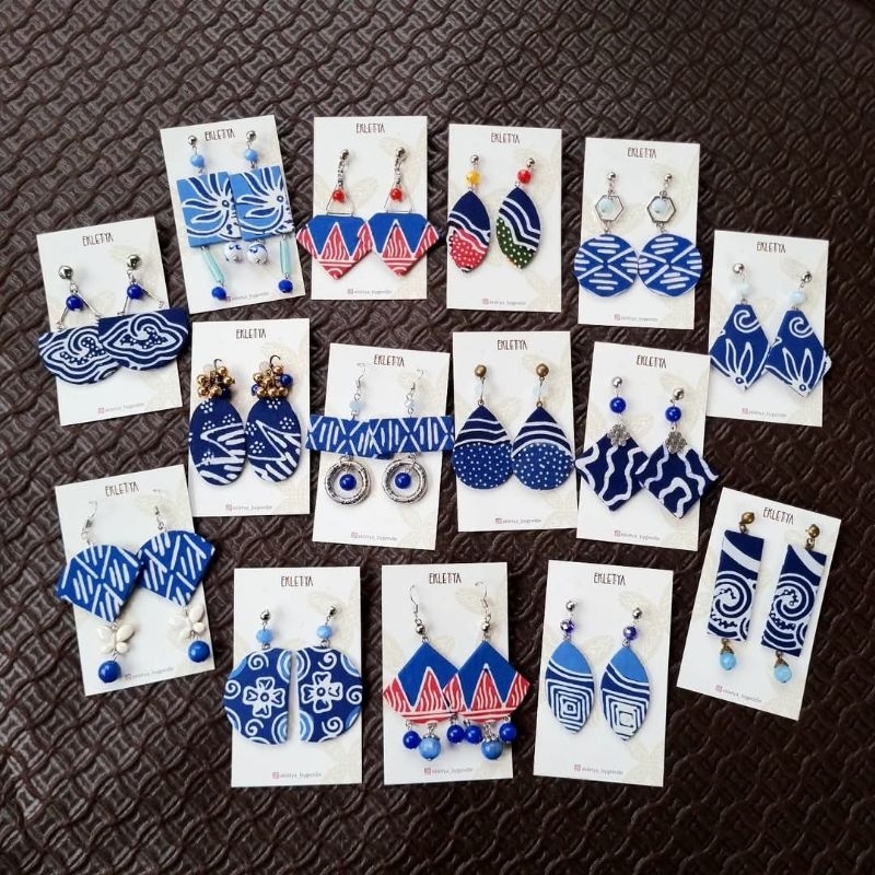 Anting Batik Cap mix batu alam kristal biru