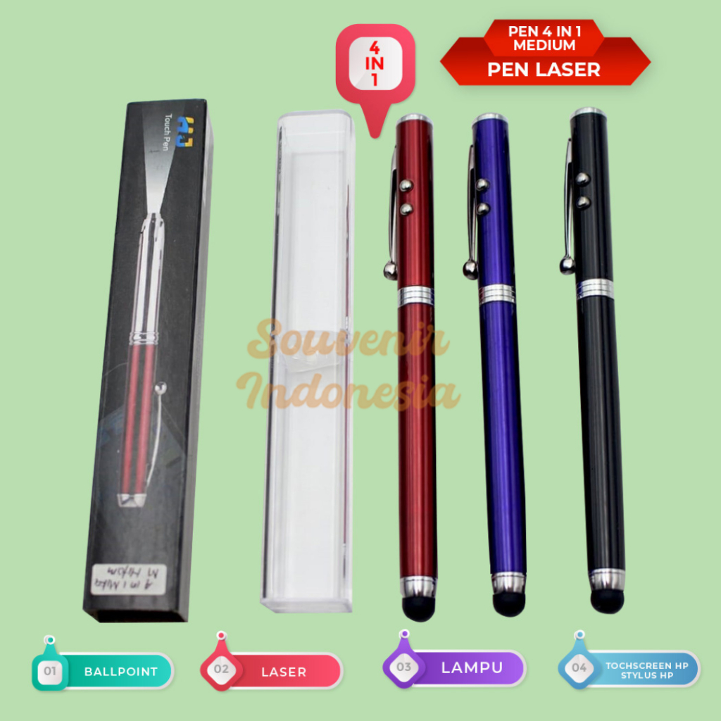 

4 in 1 Pulpen Laser Pointer / Pena LED / Bolpen Presentasi Box Mika Medium