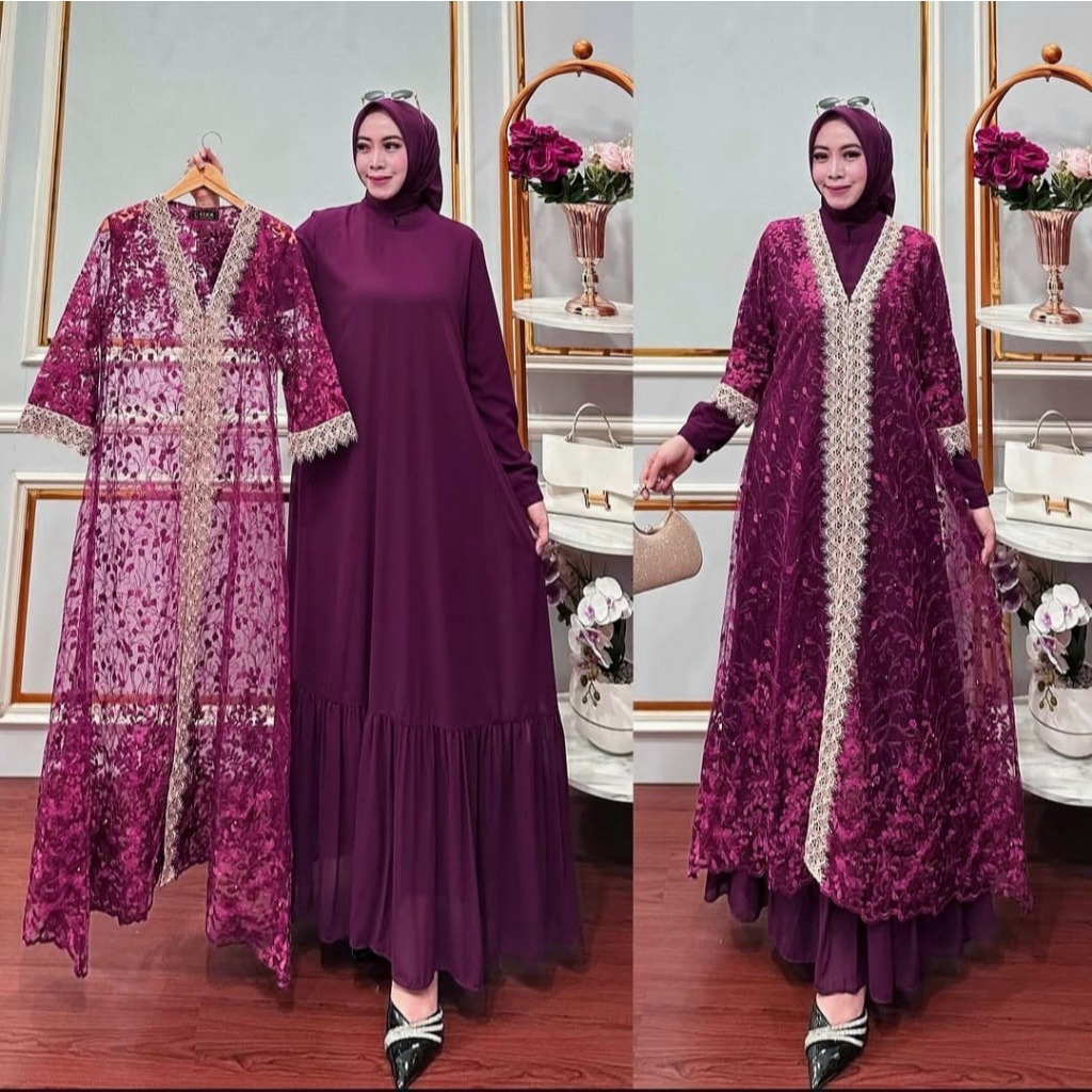 Baju Muslimah Hits Di kalangan Ibu Ibu Lestari Dress Mix Brokat Mewah Gamis Seragaman OOTD Lebaran 2