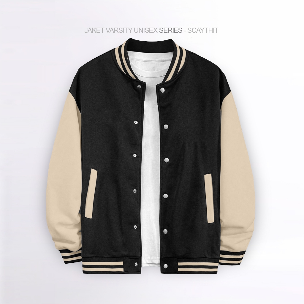 terbaru scaythit - jaket varsity polos hitam putih unisex ( pria - wanita ) remaja dewasa