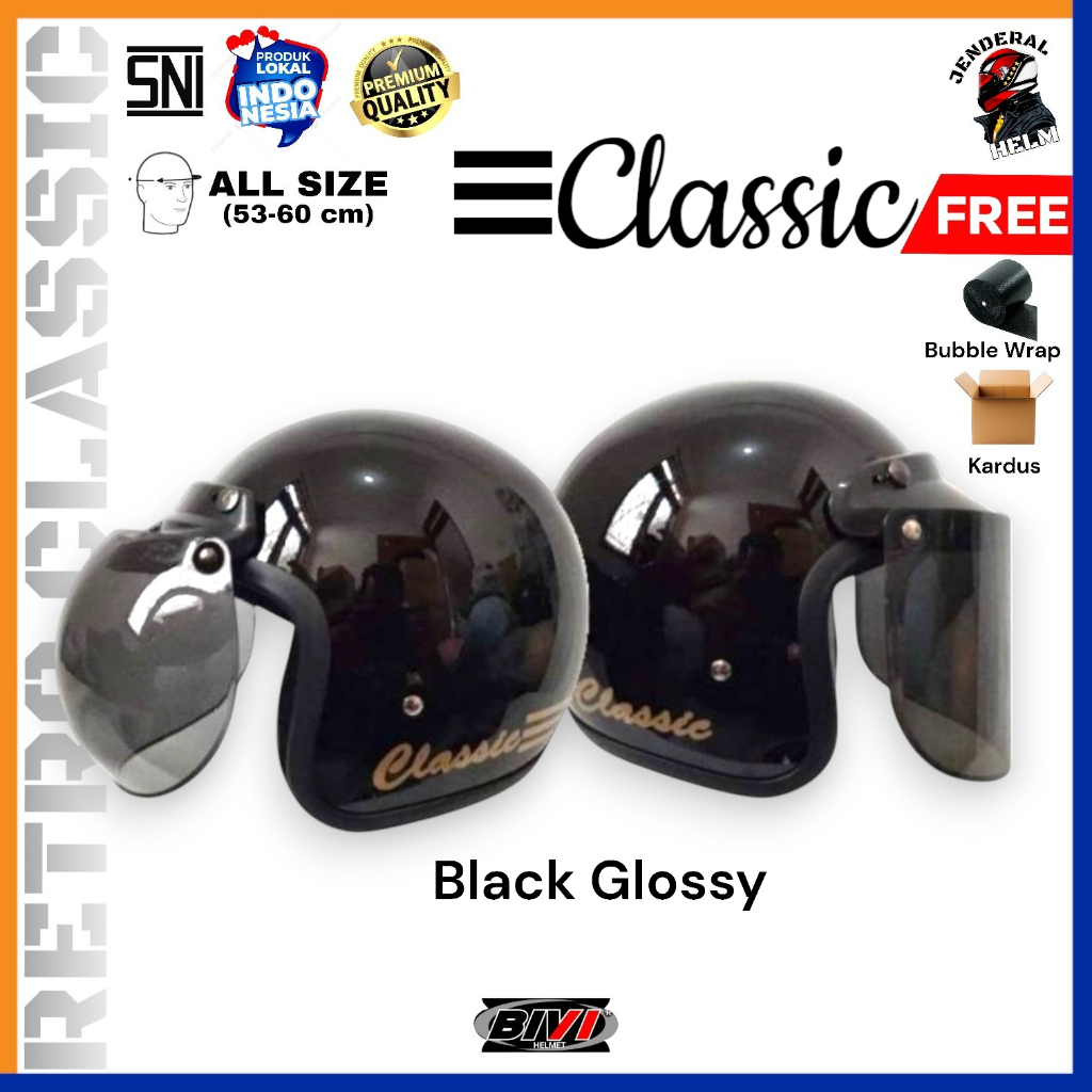 Helm Bogo Retro Classic Hitam Glossy + Kaca BIVI Bogo Retro Classic Jenderal Helm