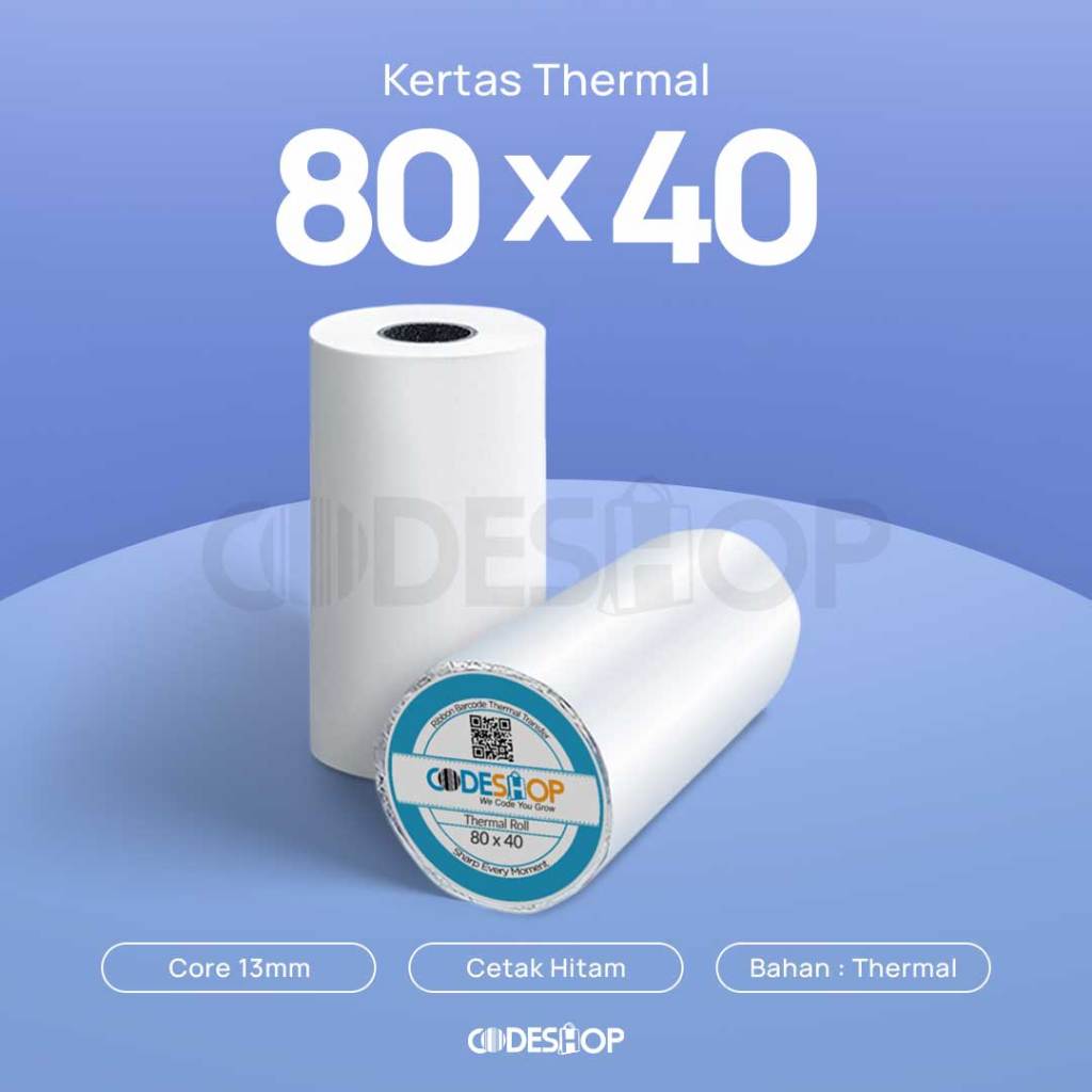 

Kertas Thermal 80x40 mm Codeshop Roll Struk Paper Termal Mobile Printer Potable Bluetooth Kasir 80mm