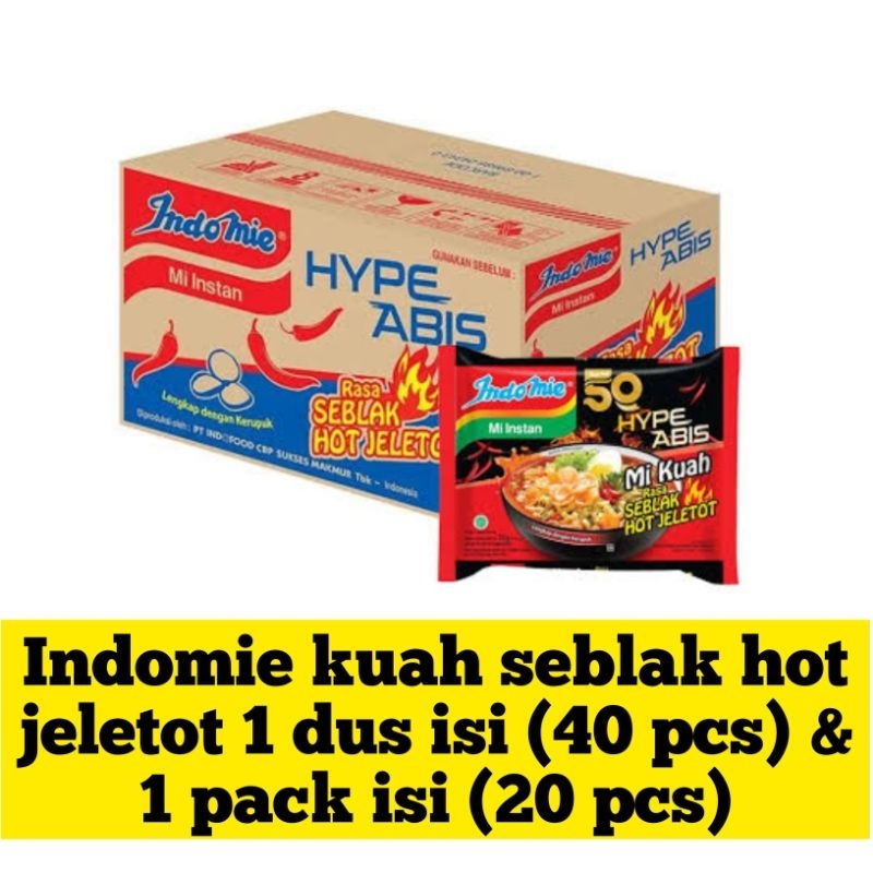 

Indomie kuah seblak hot jeletot 75gr 1 DUS isi (40 pcs) & 1 PACK isi (20 pcs)