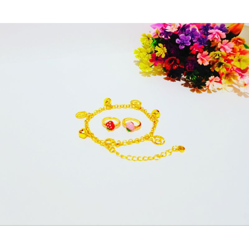 gelang anak plus dua cincin strawberry anti karat anti lentur lapis emas 24K