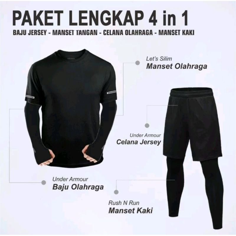Lengkap Setelan Olahraga Paket Set Olahraga Pria: Baju Kaos Dryfit, Manset Tangan, Manset Kaki, Cela
