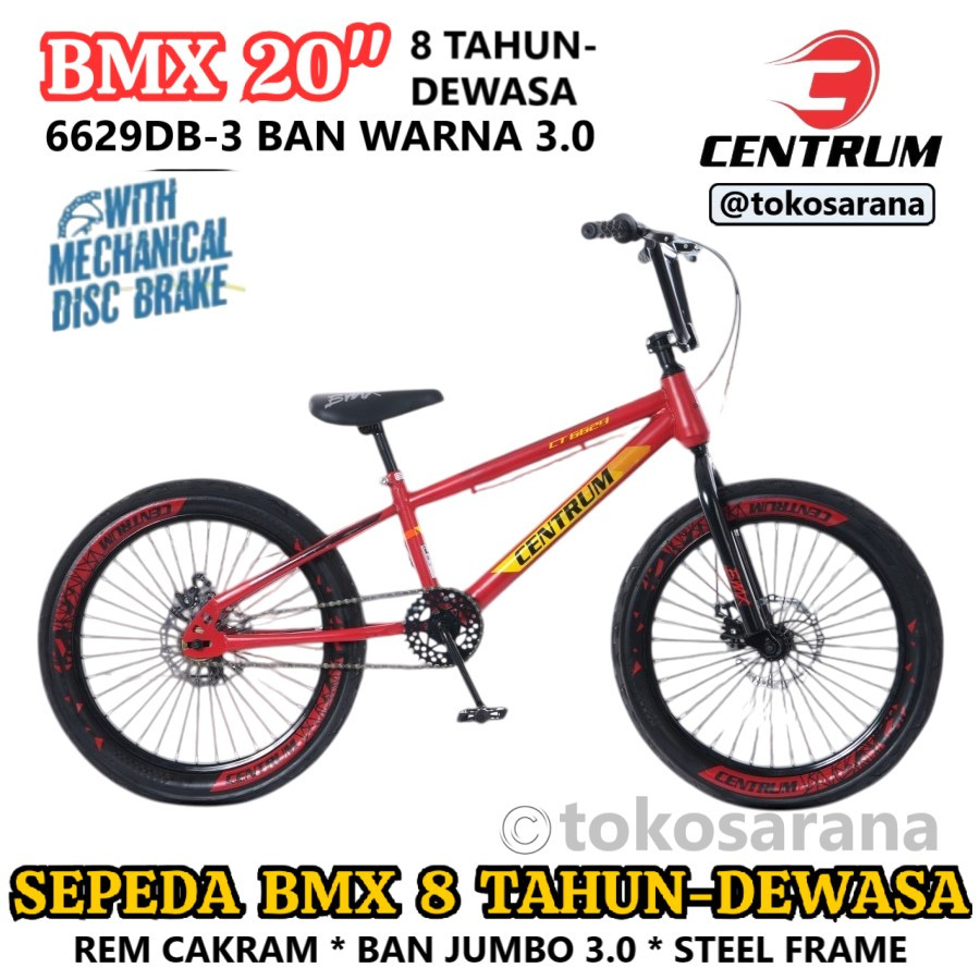 Centrum  CT6629DB-3 Sepeda BMX 20 Inci Anak 8 Tahun-Dewasa Rem Cakram * Ban Jumbo 3.0 Steel Frame
