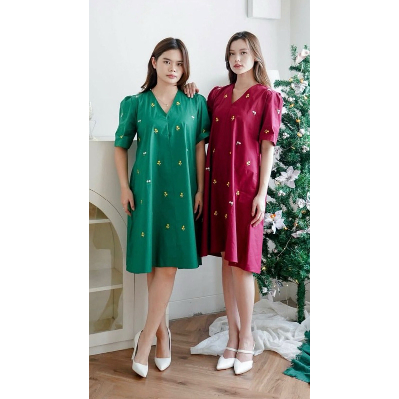 Foria 2666 dress - terusan bunga wanita casual merah hijau natal imlek