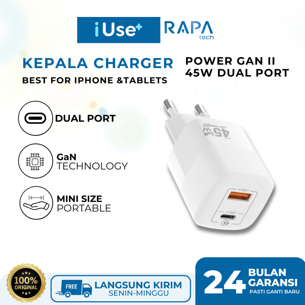 Kepala Cesan iPhone Fast Charging RAPAtech Tablet USB Type C Adapter RAPA Power GAN II 45W Dual Port