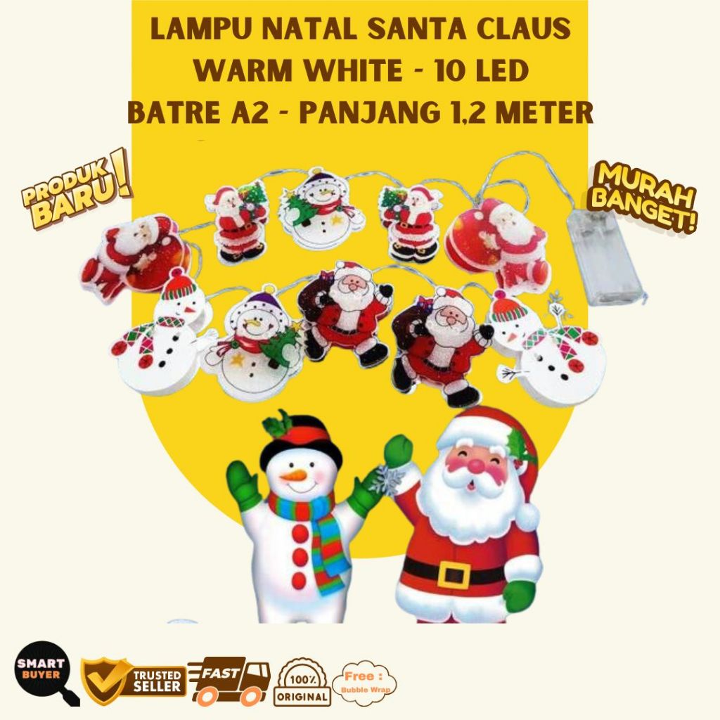 Hiasan Lampu Natal Model Santa Claus 10 LED Panjang 1.2 Meter Warm White