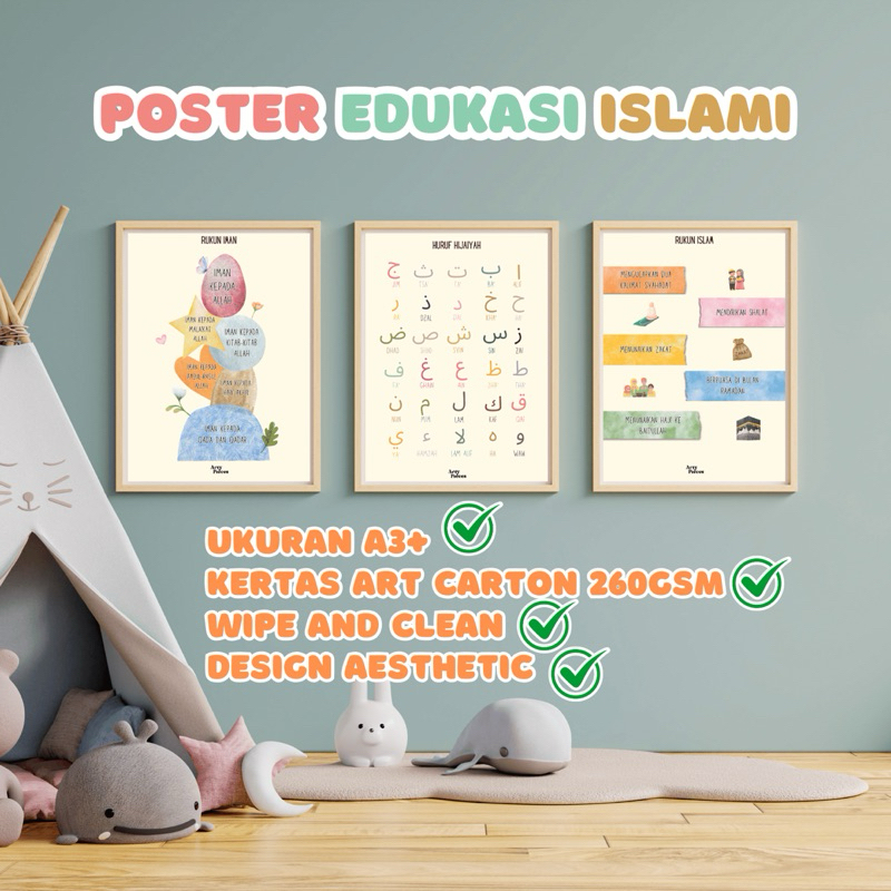 Poster Edukasi Islami Aesthetic Wipe And Clean Huruf Hijaiyah Rukun Iman Rukun Islam PAUD TK SD