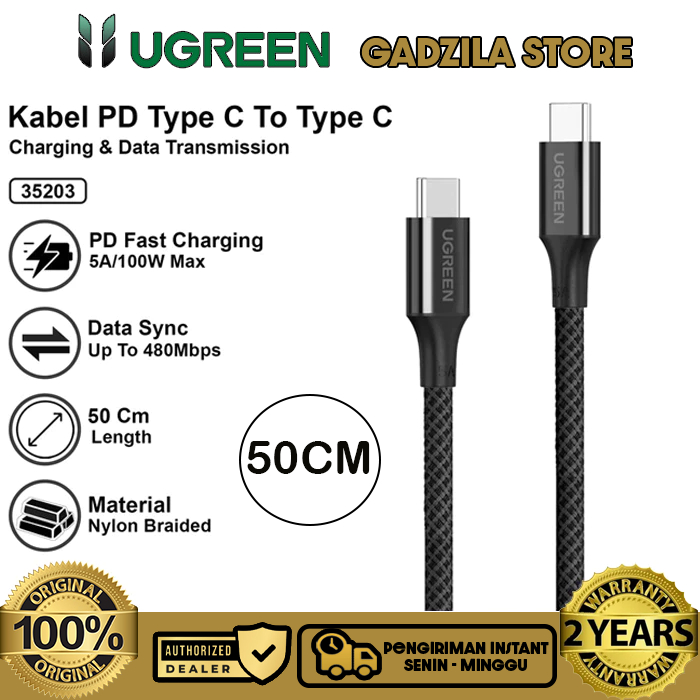 UGREEN Kabel Charger Pendek Power Bank Usb Type C To Type C Data Cable Nylon PD Fast Charging 5A 100