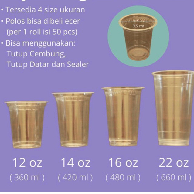 Gelas cup plastik 12/14/16/22 oz isi 50pcs merk starindo Cup pop ice jus minuman boba bubble