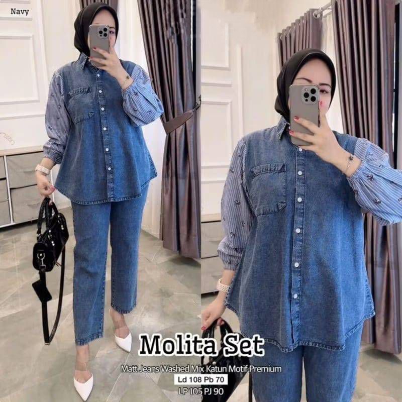 Baju Setelan Wanita Muslim Molita Set Celana Jeans Polos Mix Katun Motif Cantik Fashion Perempuan De