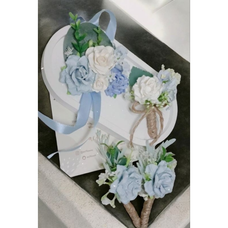 boutonniere blue korsase corsage bunga dada jas pengantin wedding biru