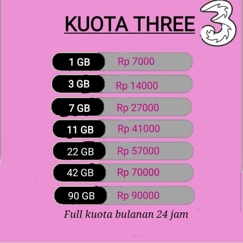 Kuota Tri 1GB 2GB 3GB 7GB 10GB 11GB 14GB 18GB 30GB 33GB 42GB 55GB 100GB Full Kuota Utama Reguler 24 