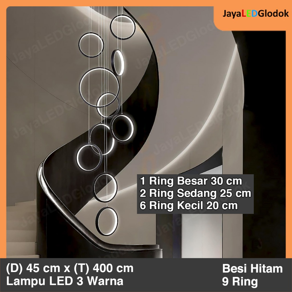 Lampu Gantung Minimalis Ruang Tamu Void Tangga High Ceiling Ring Hitam 88