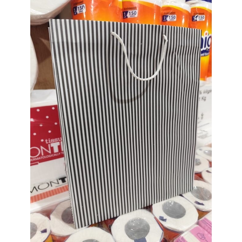 

paper bag polio salur warna hitam garis bahan tebal isi 12 pcs