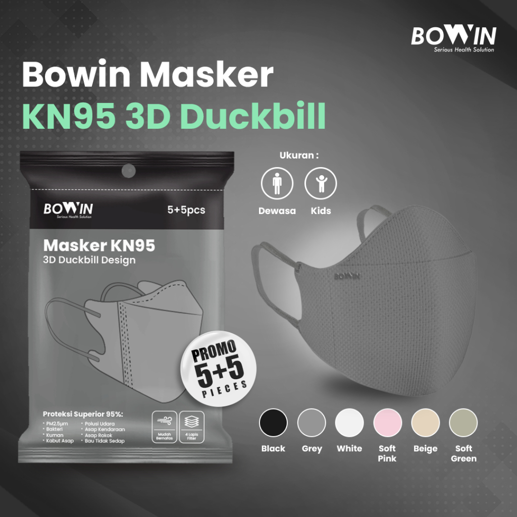 Bowin Masker KN95 - 3D Duckbill ≥95% BFE, PFE (Masker Kesehatan / Masker Medis / Masker 3D )