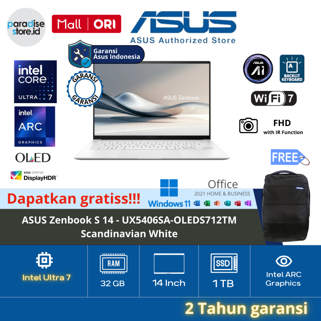 ASUS Zenbook S 14 UX5406SA-OLEDS712TM, OLEDS7311TM Touch Ultra7-258V 14" 3K Oled 32GB 1TB Win 11 Whi