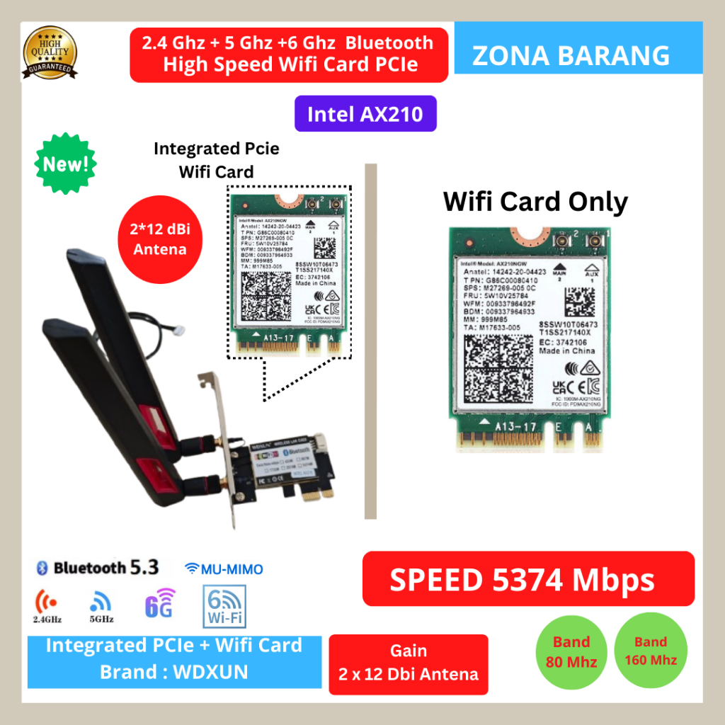 Intel AX210 High Speed Wifi Card 5374 Mbps PCIe Card M.2 Laptop Mini PC Desktop Wifi6 Triple Band Bl