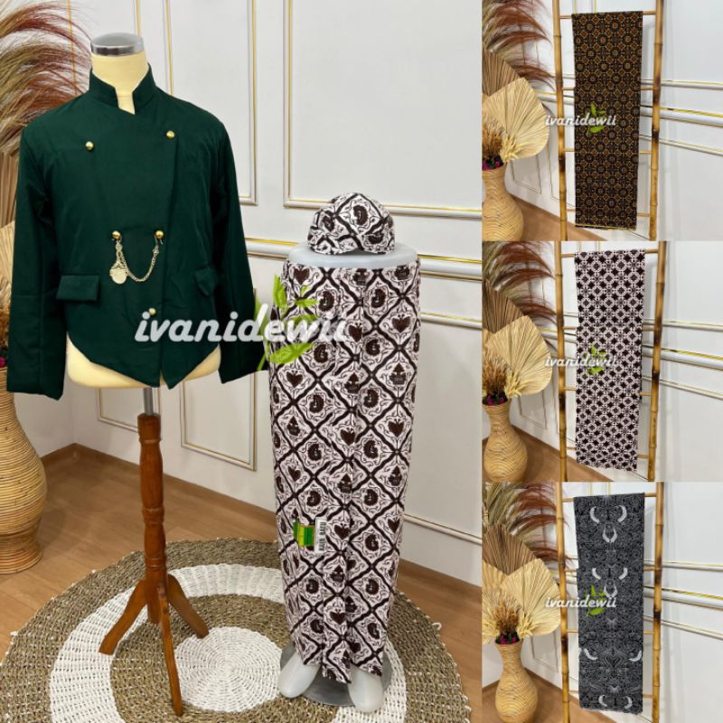 (1set, Cowok) Pakaian Adat Jawa / Beskap + Jarik + Blangkon + Free Benggol | Solo Hijau Botol- Motif