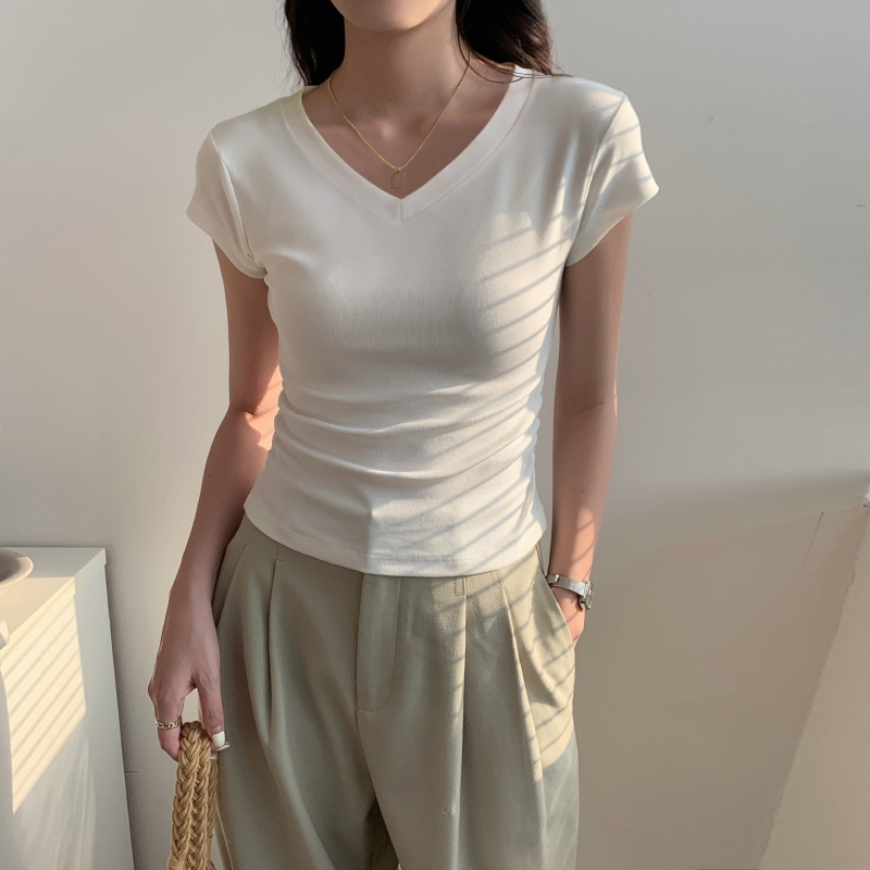 Atasan wanita elastis ketat kerah v lengan pendek/kaos ootd wanita/Kaos wanita putih