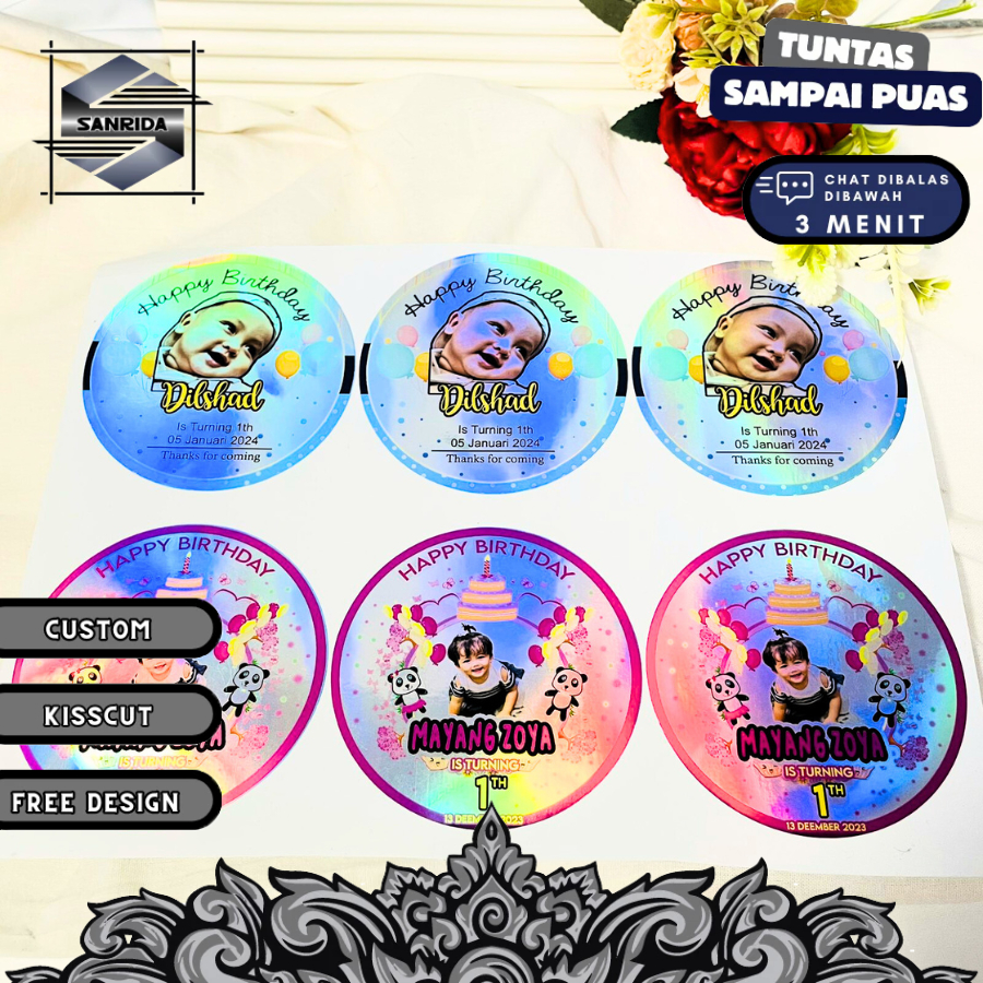 

2-4 Sticker Undangan Ulang Tahun Anak Label Stiker Happy Birthday Sanrida Bahan Hologram Anti Air