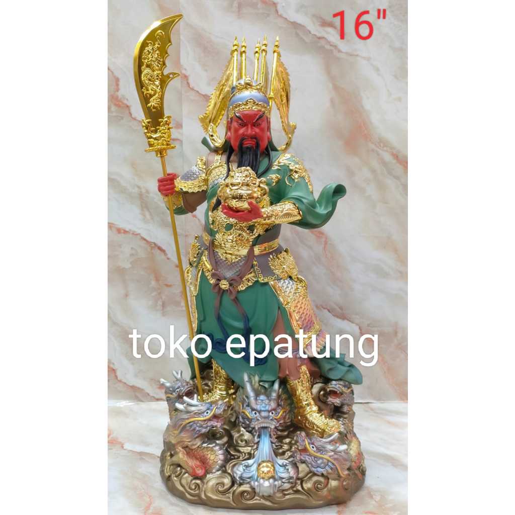 patung dewa kwan kung / kwan kong / kwan te  - 16 inch - fiber- 5 bendera - naga - gentong - pedang 