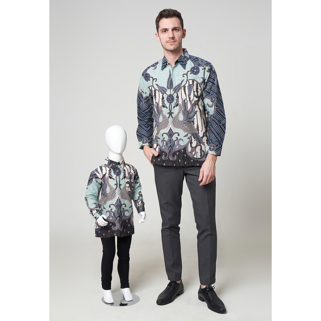 Batik Warna MINT, Kemeja Batik Pria Couple Ayah Anak Warna Hijau Mint Dongker, Batik Couple Ayah dan