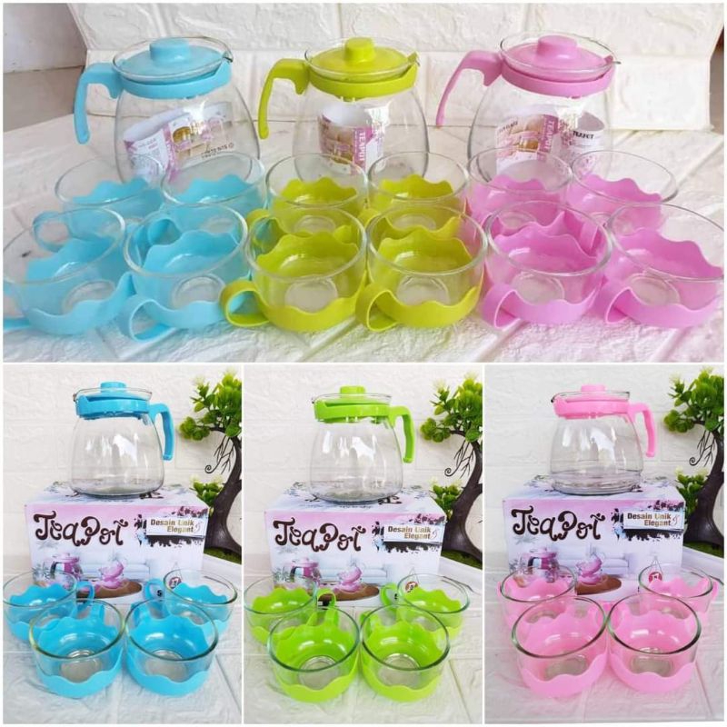 set cangkir teapot warna dari kaca elegan