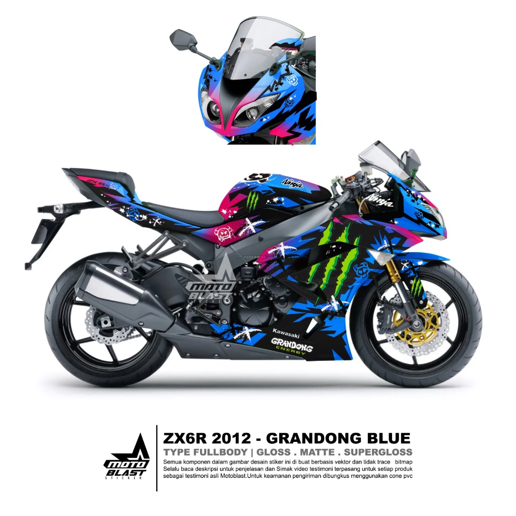 Decal Sticker ZX6R 2012 Blue Pink Monster Full Body Motoblast