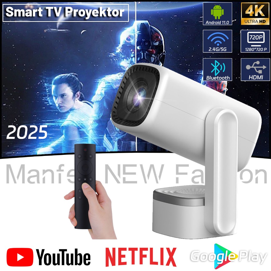 Smart TV Proyektor HD Ultra 4K 1280*720P Portable Proyektor with 180 Free Angle Android 11.0 Menduku