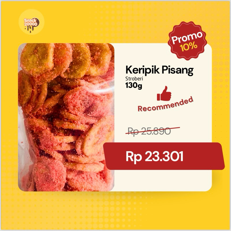 

Keripik Pisang Stroberi 130g Bumbu Tabur Premium (FREE PACKING BUBLE DAN KARDUS PENGAMAN)