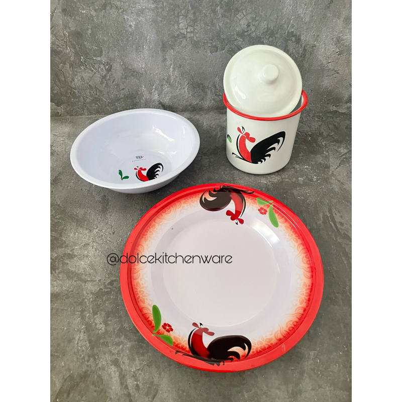DOLCE Set Piring Mangkok Baskom Enamel Seng Kaleng Jadul Ayam Jago
