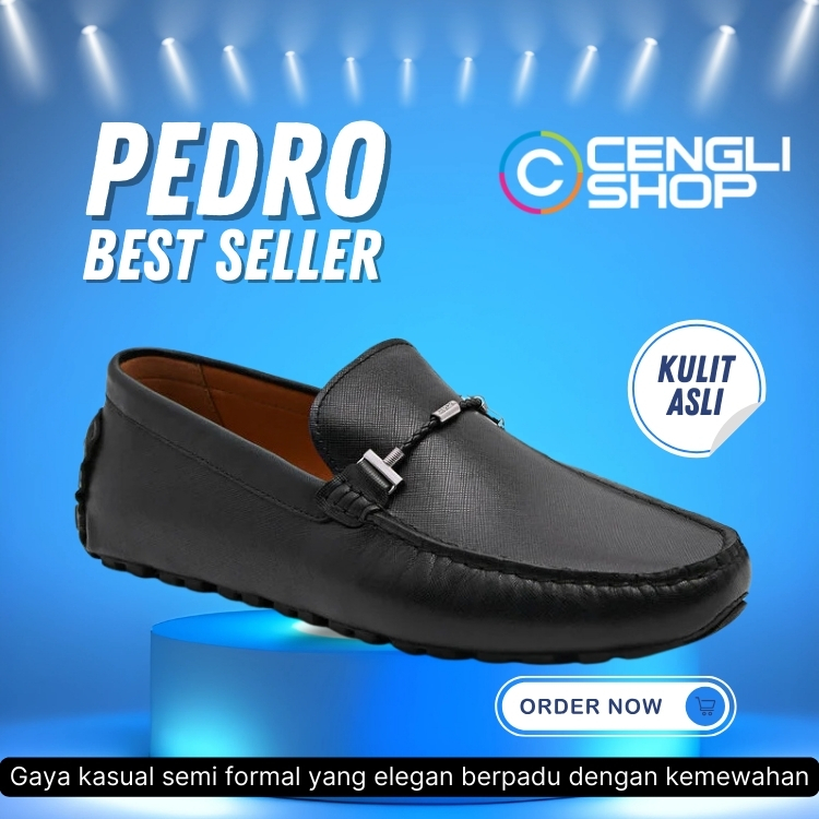 PM000 PEDRO SEPATU SLIP ON PRIA ORIGINAL KULIT ASLI ORI BRANDED HITAM