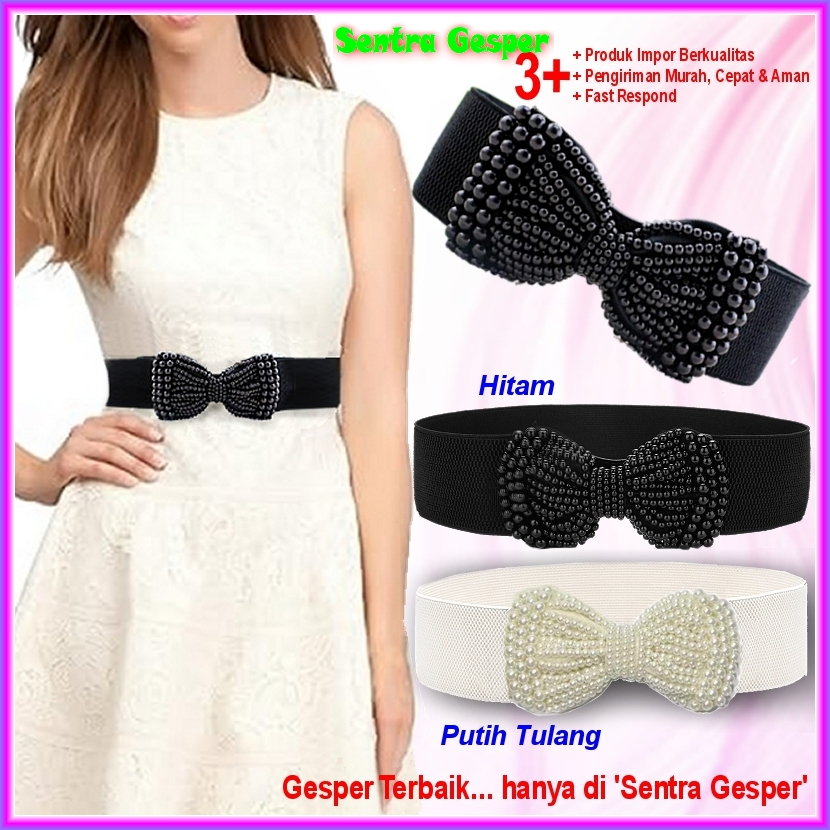 Gesper Belt Sabuk Ikat Pinggang Wanita Fashion Cewek Pita Manik Cantik Hitam Putih Pernikahan Obi Mu