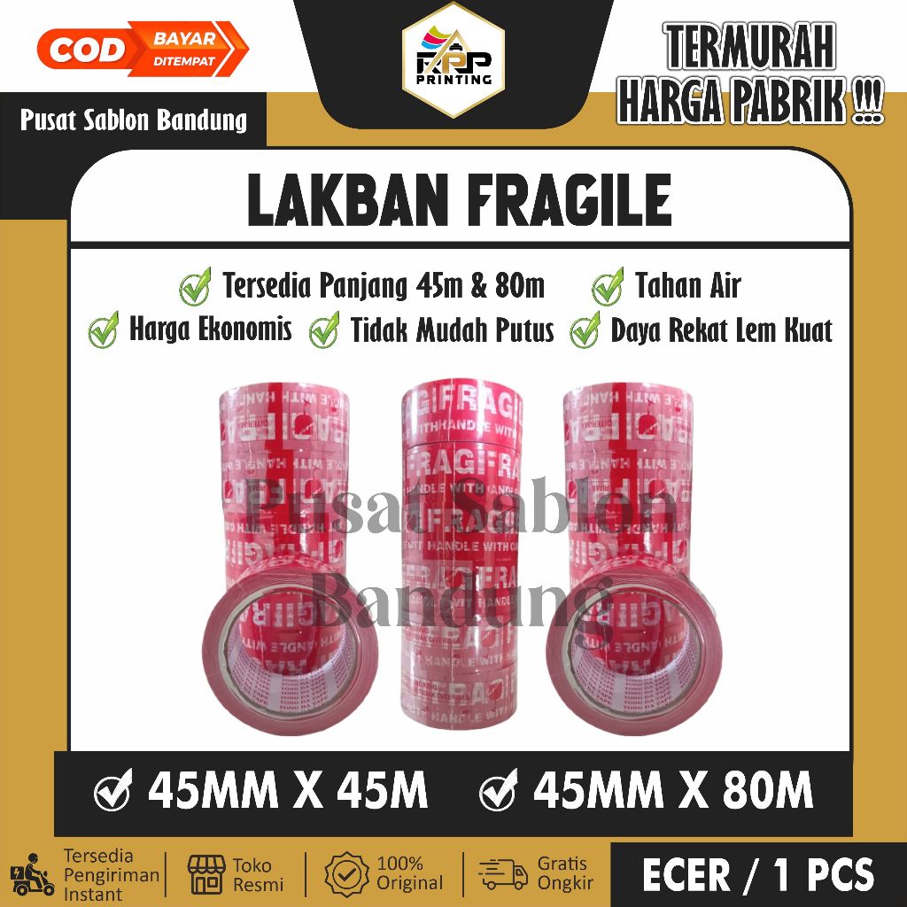 

Lakban Fragile 45mmx45m - 45mmx80m / Lakban Fragile Merah 2inch / Solatip Jangan Di Banting/Lakban Murah/Lakban Kuat/Lakban Real/Lakban Grosir