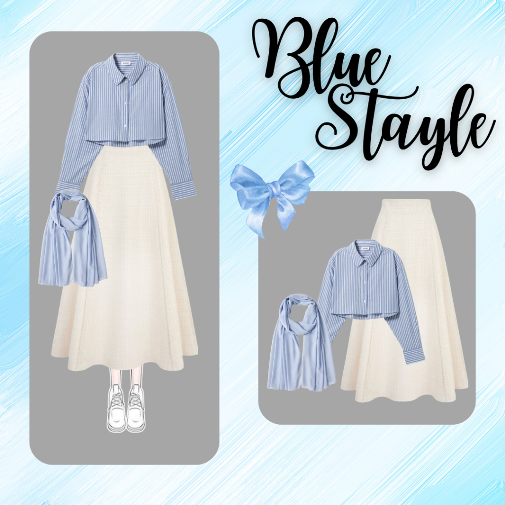 Ootd Korea Blue Stayle (Kemeja Salur+Rok+Pashmina) One Set Hijab Kekinian