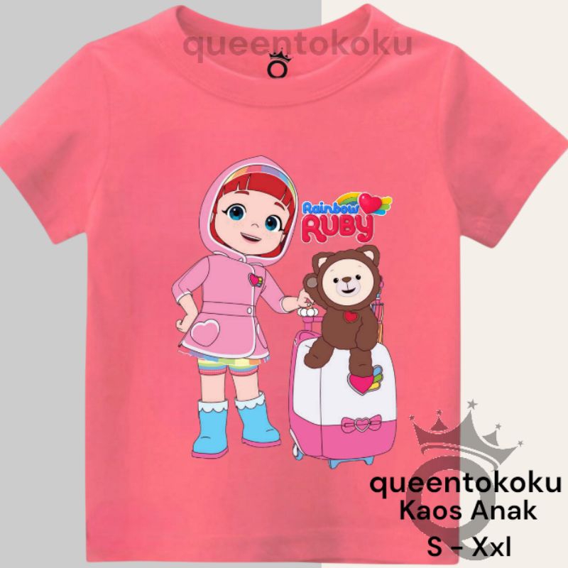Kaos Anak Perempuan Kartun Rainbow Ruby beruang koper