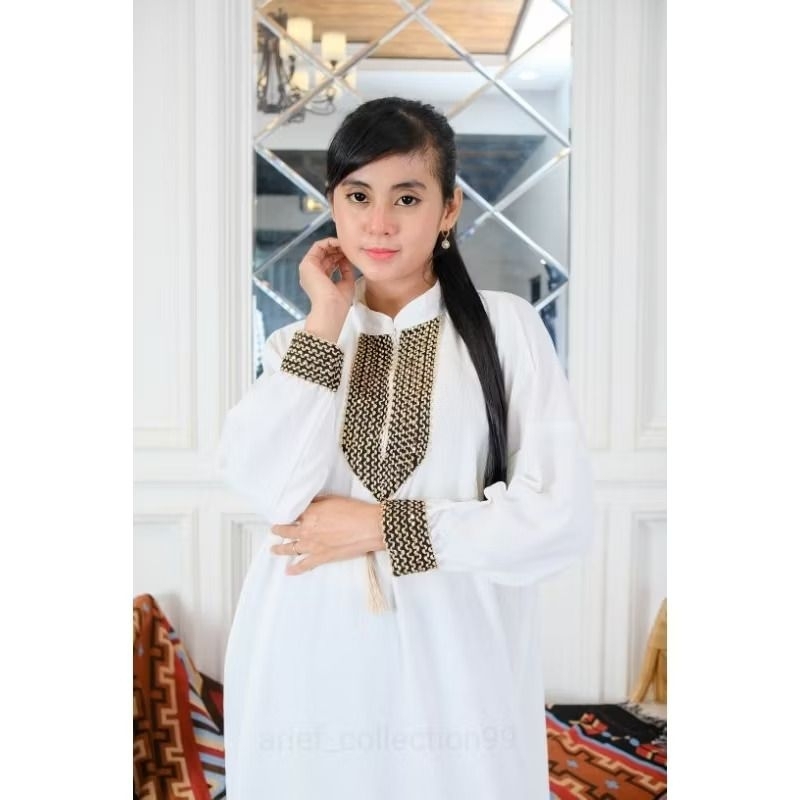 Gamis Renda Sultan Crinkle Airflow Premium Gamis Kaftan Arab Mewah Simpel Busui Friendly Putih