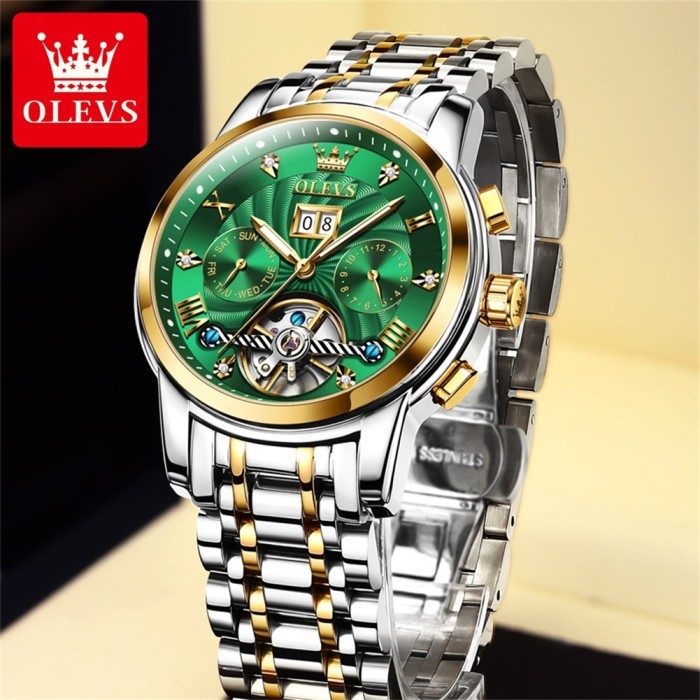 OLEVS Jam Tangan Automatic Pria Stainless Steel Anti Air Original Otomatis Tourbillon Luminous Watch