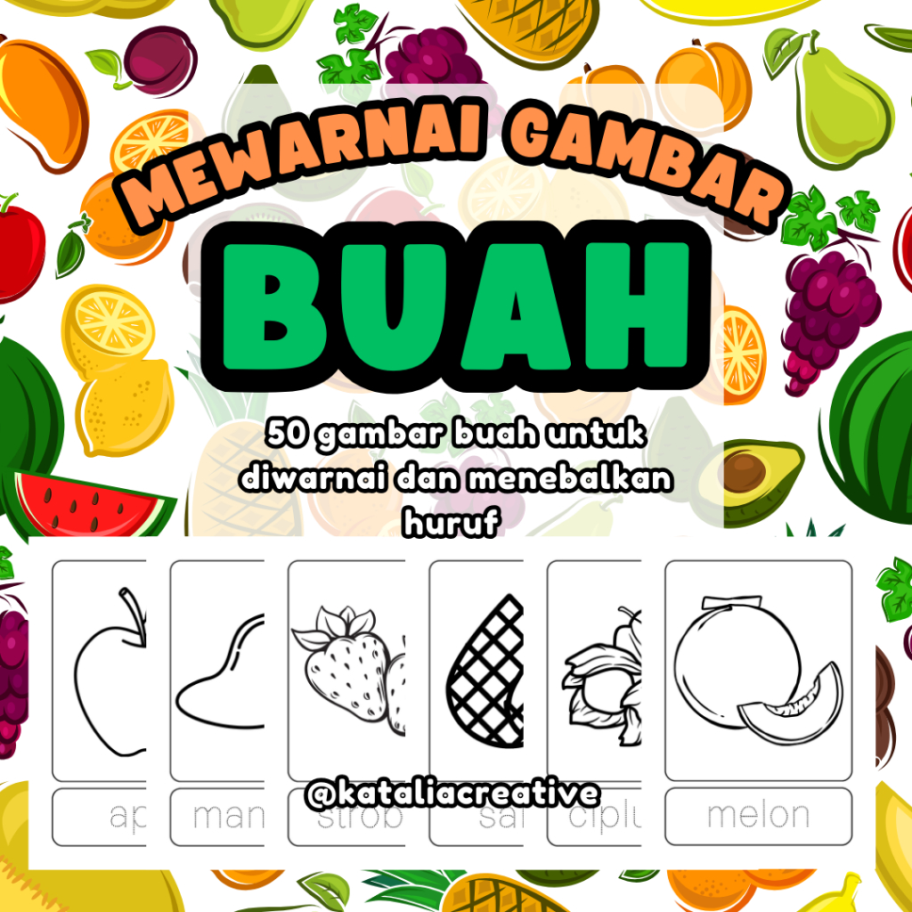 

50 Lembar Kertas Mewarnai Tema Buah Ukuran A5 dan A4