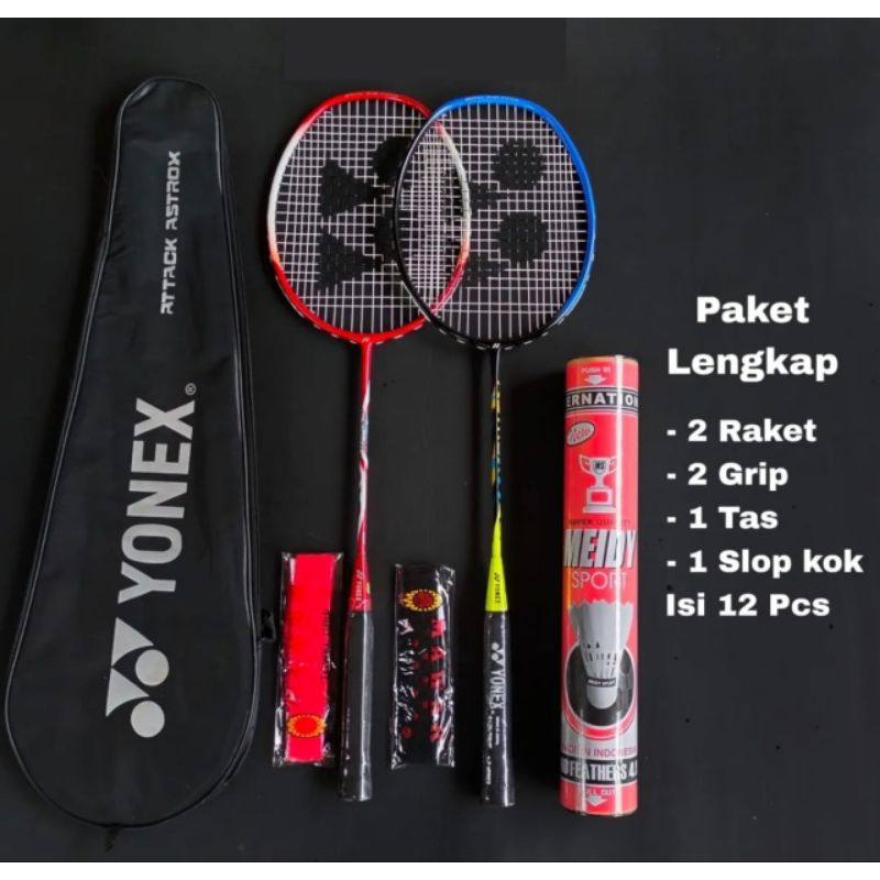 RAKET BADMINTON PAKET LENGKAP 2 RAKET 1 TAS 2 GRIP 12 KOK