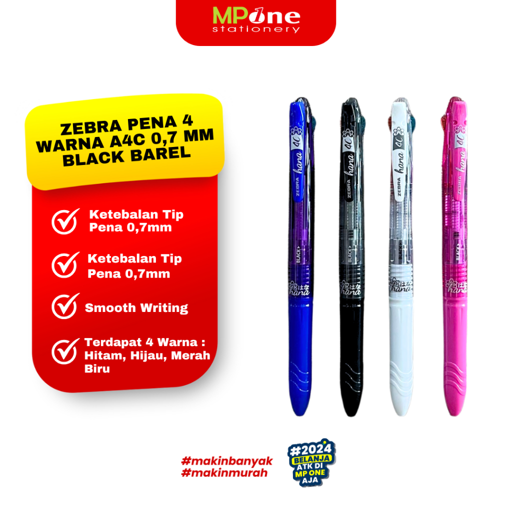 

(1 PCS) Zebra Pena 4 Warna 0,7mm Tinta Hitam, Merah, Biru, Hijau / Pulpen 4 Warna Black Barel ZEBRA A4C / Pena Zebra